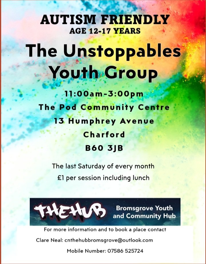 The Unstoppables 😁
This group costs £1 to attend and there is a range of fun activities on offer including, games, cooking and art 🎨 🍕♟️
Contact Clare if you'd like further information: cnthehubbromsgrove@outlook.com