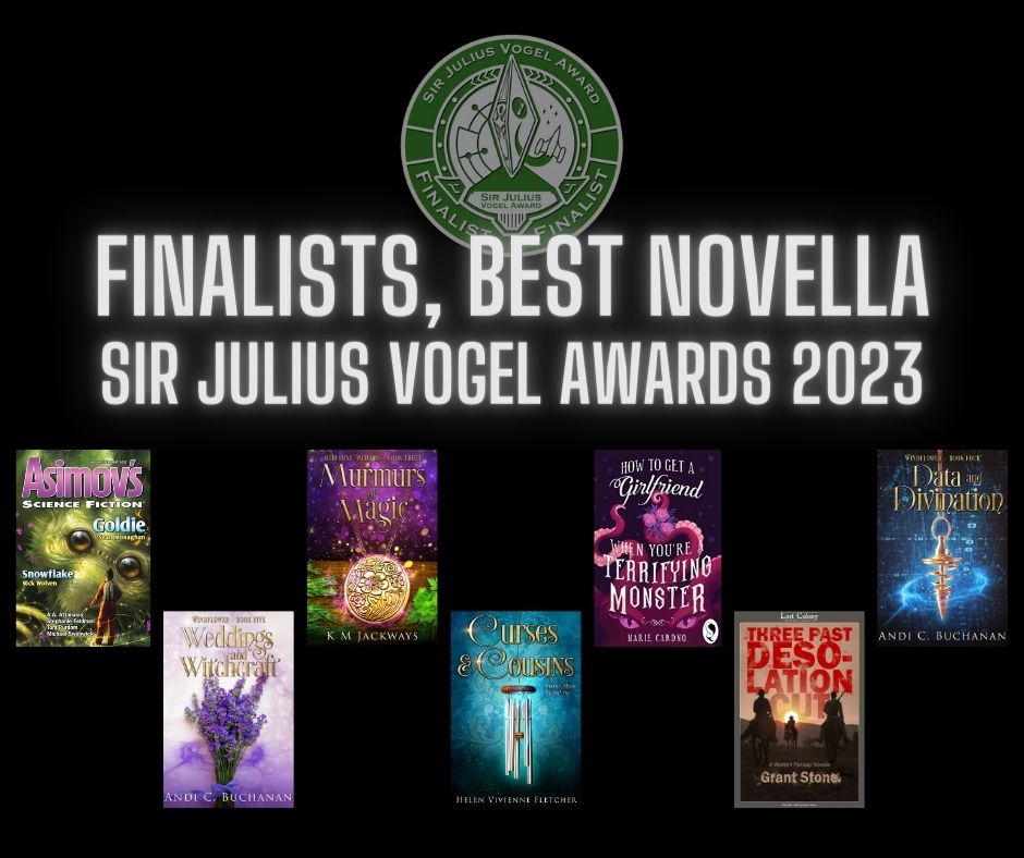 Slowly making all of these graphics. Congrats to the Best Novella finalists in the Sir Julius Vogel Awards! Look at them all! Feat. @seanmmonaghan @andicbuchanan @shufflingpaper @helenvivienne @MarieCardno and @discorobot sffanz.nz/the-sir-julius… #sirjuliusvogelawards #nzspecfic