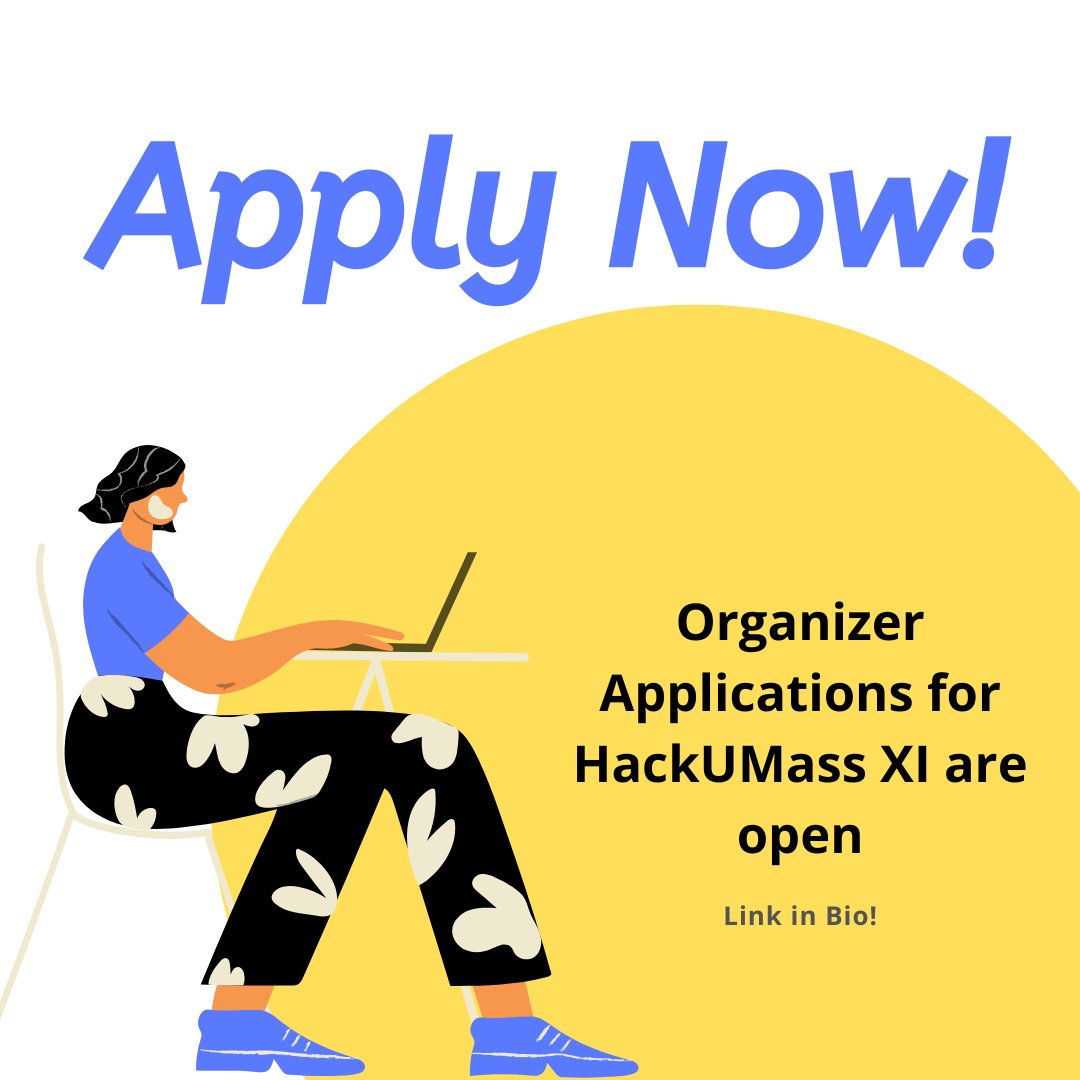 The HackUMass XI Organizing Team applications are now open! Join our team to help plan our 11th annual hackathon! Our team includes positions in Logistics, Sponsorship, Public Relations/Design, Hardware, and Tech.  Link in bio!