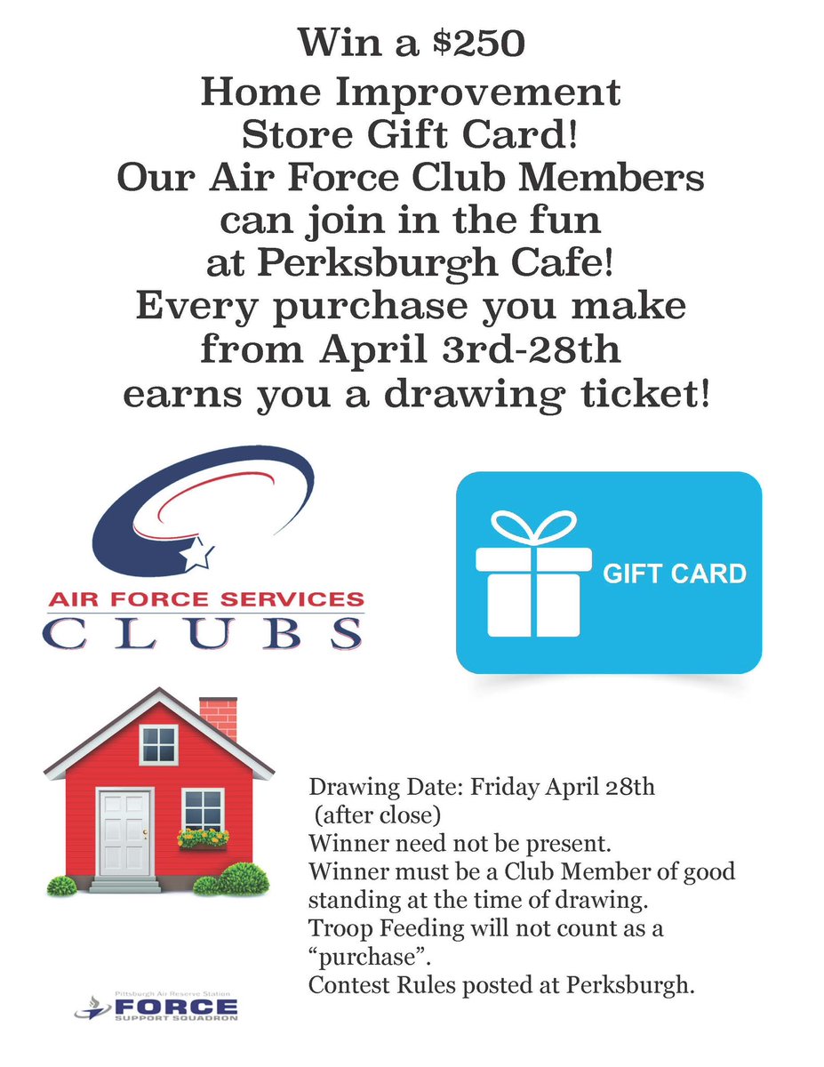 2 weeks to go! A lucky Pittsburgh ARS Club Member will win a $250 Home Improvement Store Gift Card on April 28! Join your Pittsburgh ARS Club today, FREE Club Membership Breakfast at Perksburgh Cafe on Thursday April 20th! 
myairforcelife.com/club-membershi…