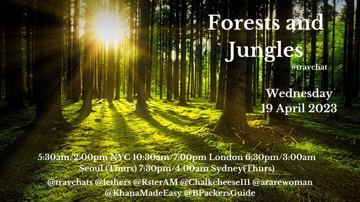 Hi there! Tomorrow on #travchat we'll be taking look at Forests and Jungles and we'd love you to join us along with our usual hosts at 5:30am/2:00pm NYC 10:30am/7:00pm London 6:30pm/3:00am Seoul (Thurs) 7:30pm/4:00am Sydney(Thurs) Questions on globalgrapevine.co.uk/trav-chat/