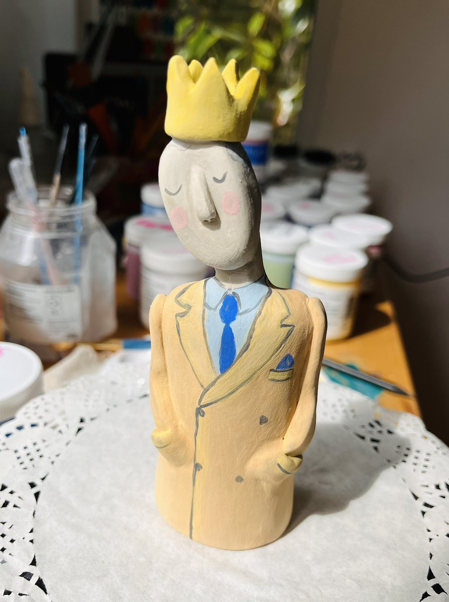 My way to represent the #coronation. 
When then #PrinceCharles came to visit #Ely one cold November morning, he was wearing his signature coat. Here is in my illustrated #ceramic! 
He still needs to be fired, glazed and fired again! Sigh.  #KingCharlesIII 
etsy.com/uk/shop/Bazaar…