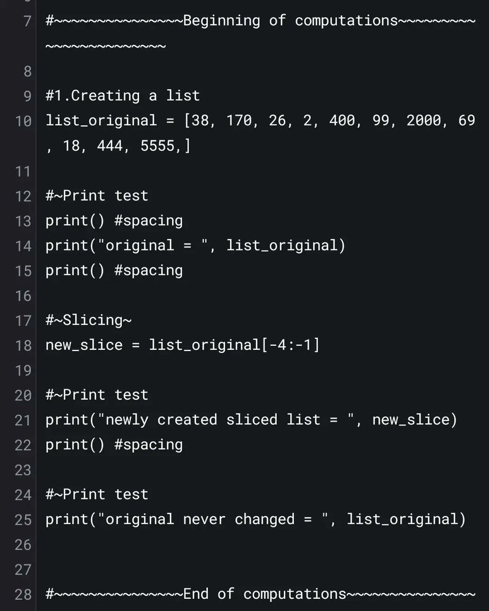 WallyOwi30's tweet image. Python 3: Creating a new list from negatively slicing the old plus testing what happens to the original list bc python doesn&apos;t mind an override.
#python3 #pythondevelopers #pceptraining