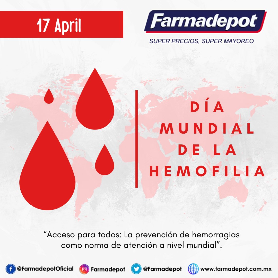17 de abril | Día Mundial de la Hemofilia 2023📷
La hemofilia es una enfermedad hereditaria que afecta la coagulación. Esto puede ocasionar hemorragias espontáneas, después de una operación o de una lesión. 
#Hemofilia
#CuidémonosTodos
#Lunes