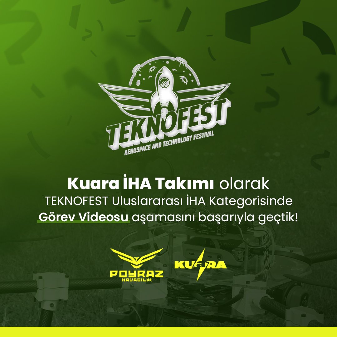Kuara İHA Takımı olarak Teknofest Uluslararası İnsansız Hava Aracı Yarışması Görev Videosu aşamasını, itirazdan 74,33 puanla geçerek finalist takım olmaya hak kazanmış bulunmaktayız. 25-29 Nisan tarihleri arasında Bursa Yunuseli Havalimanında görüşmek üzere. ✈️