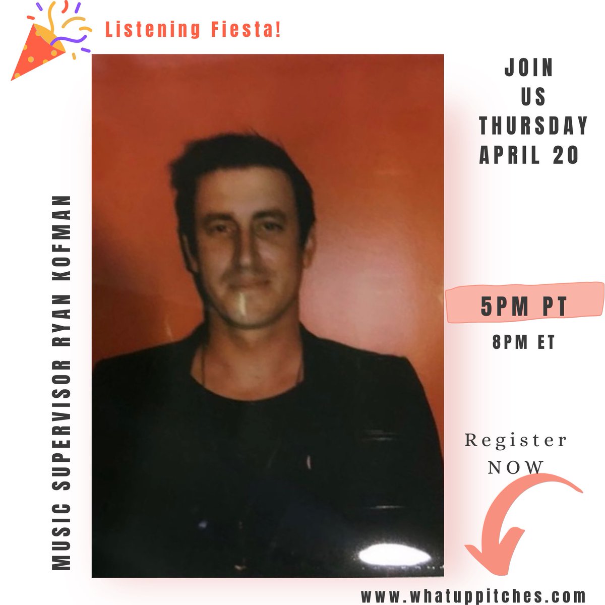 Listening Fiesta 🎉 with music supervisor Ryan Kofman is now OPEN FOR REGISTRATION! Visit our website whatuppitches.com to register for free 🥳. Submissions open Monday, April 17 at 12pm PT / 3pm ET.

Date of Fiesta: Thursday, April 20
Time: 5:00pm PT / 8:00pm ET