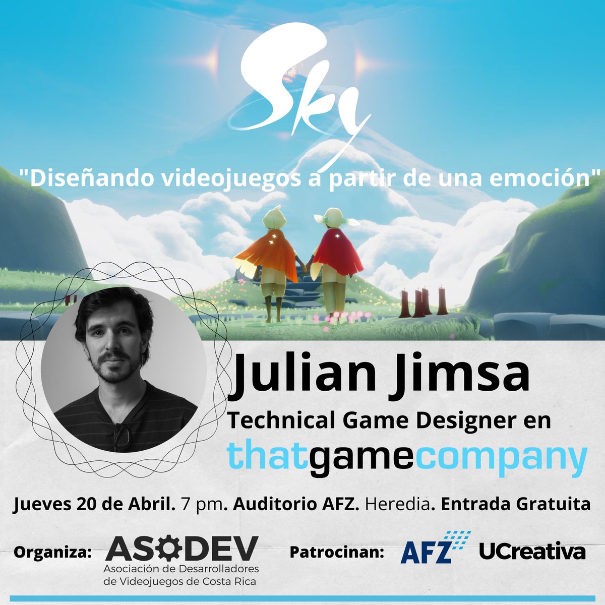 asodevcr's tweet photo. Julian Jimsa es Technical Game Designer en la prestigiosa compañía That Game Company ( https://t.co/TsAU3pnHLU) creadores del famoso videojuego Journey.
Él estará "Diseñando Videojuegos a partir de una emoción". Inscripción:
https://t.co/G87a44bM6q
#asodev #asodevcr #gamedesign https://t.co/9kZKTudou9