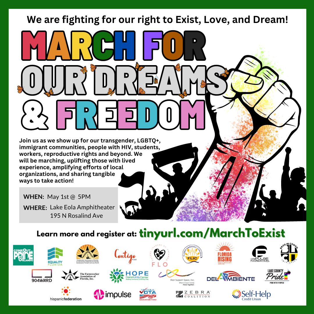 FutureLeadersFl's tweet photo. March around Lake Eola for Transgender, LGBTQIA+, Reproductive Rights, immigrant Rights and beyond. Take action after the March and get involve!

Time/Location  May 1st, 5PM at Lake Eola bandshell (195 N Rosalind Ave., Orlando, FL 32801) 

Register here
https://t.co/SGn7WNp7L7 https://t.co/4D78NSQWqq