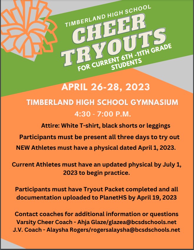 Timberland Wolves (@timberlandhs) on Twitter photo Cheer Tryouts April 26-28! Cheer Tryouts April 26-28!