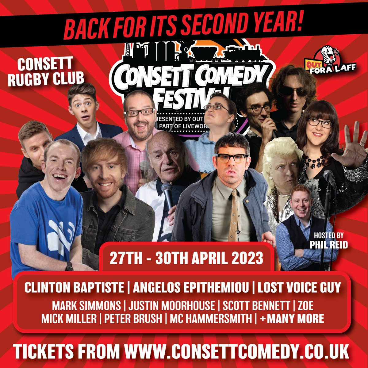 We are pleased to announce our line up for Consett Comedy Festival 2023! 

Come and see a whole host of brilliant talent 
<a href="/realclintonb/">Clinton Baptiste</a> 
@Epithemiou 
<a href="/LostVoiceGuy/">Lost Voice Guy</a> 
@justinmoorhouse 
<a href="/mick_miller/">Mick Miller</a> 
<a href="/scottbcomedyuk/">Scott Bennett - on tour 2025!</a> 
And more! 
Grab your tickets at ConsettComedy.co.uk
