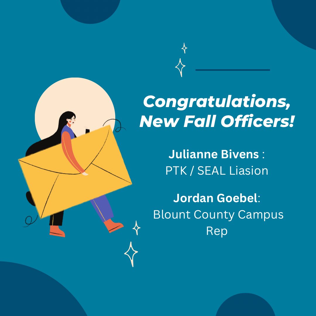 PsccPTK's tweet photo. We would like to congratulate and welcome Julianne Bivens, our new PTK/SEAL Liaison for Fall 2023, and Jordan Goebel, our new Blount County Campus Representative for Fall 2023. We look forward to working with the both of you in the upcoming semester(s)! https://t.co/FqJhFmC9Xp