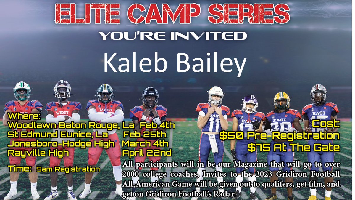Want to be on @GridironFootbal radar? Want to be in our magazine that is sent to every college? Then be at our camps this Saturday: 4/22 in Rayville, LA. Register today here: form.jotform.com/230106197127147 @kyjameonne @ashton12k @CedricOwensJr1 @Kaleb_Bailey77