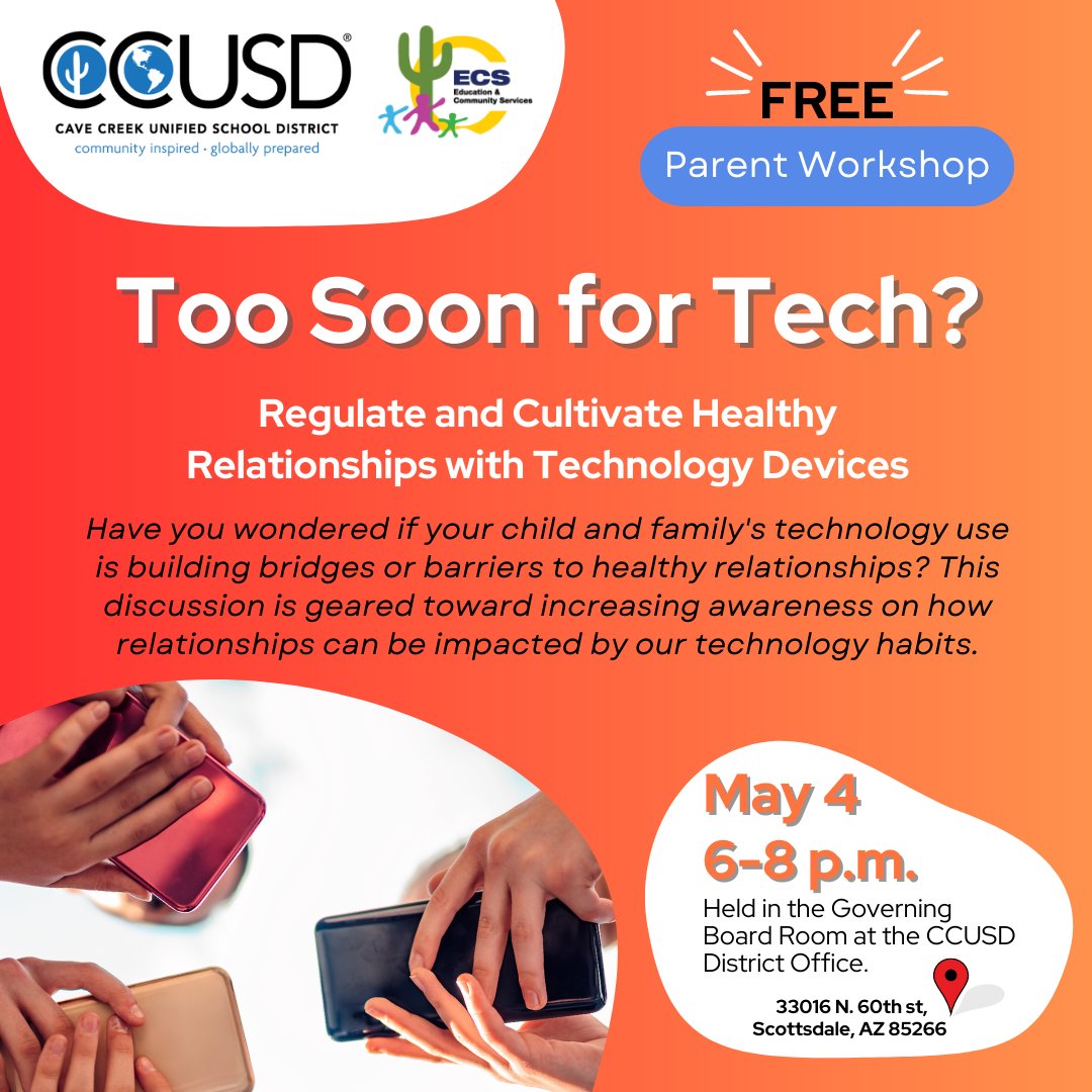 Is it too soon for tech? Join this FREE parent workshop, Thurs. 5/4 from 6-8 pm at the Governing Board Room &amp; learn how to cultivate healthy relationships w/technology. Register: tinyurl.com/ynye37mx