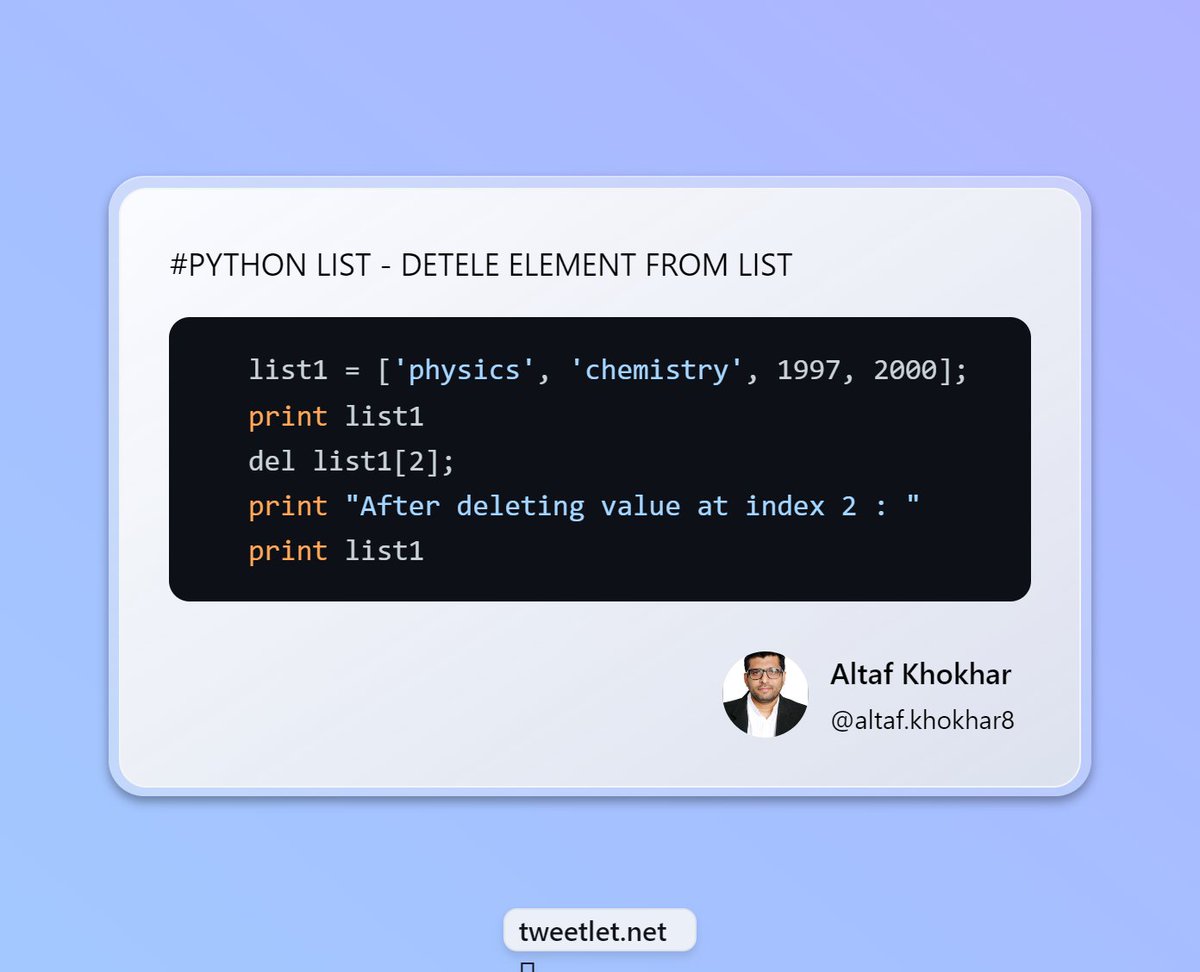 AltafKhokhar8's tweet image. #pythonprogramming #python #learnpython #pythontutorial #100daysofcodepython #100DayChallenge #100daysofcodechallenge #SoftwareDeveloper
Python | Delete element from List
