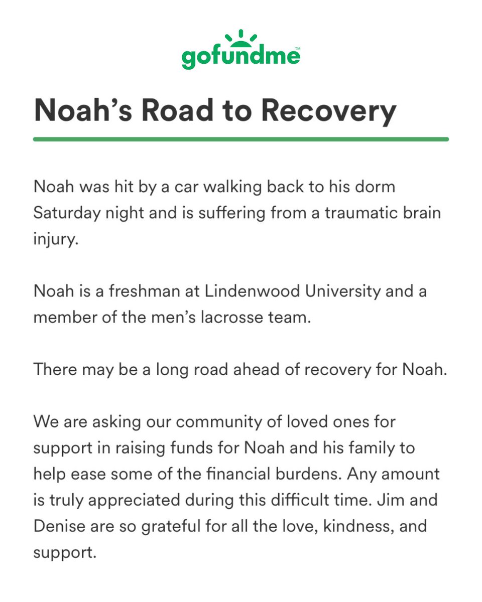 If you can, please consider donating to this fundraiser for Noah Berger — a <a href="/LindenwoodLax/">Lindenwood Men's Lacrosse</a> player who was hit by a car and suffered a traumatic brain injury on Saturday night 🙏

Donate here: gofundme.com/f/prtje-noahs-…