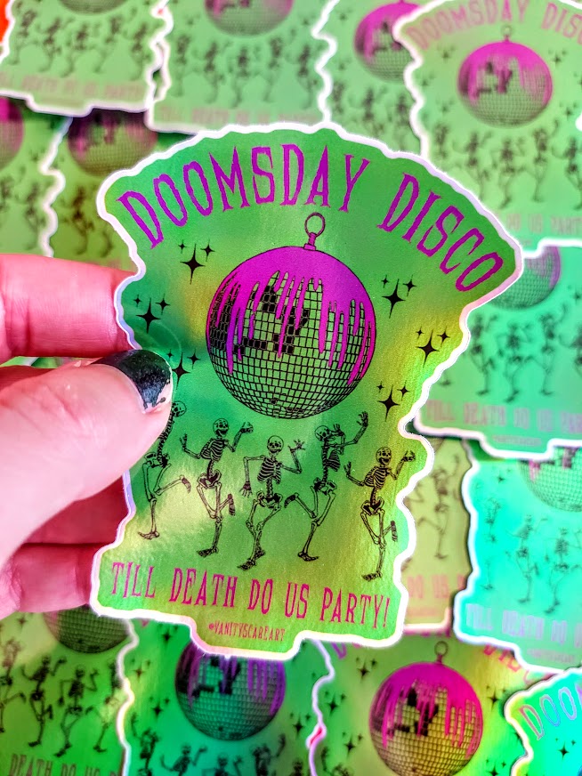 NEW STICKERS in the shop today!

Doomsday Disco, Until Death do us Party

Printed onto holographic vinyl so they are super shiny

Link to shop below 👇