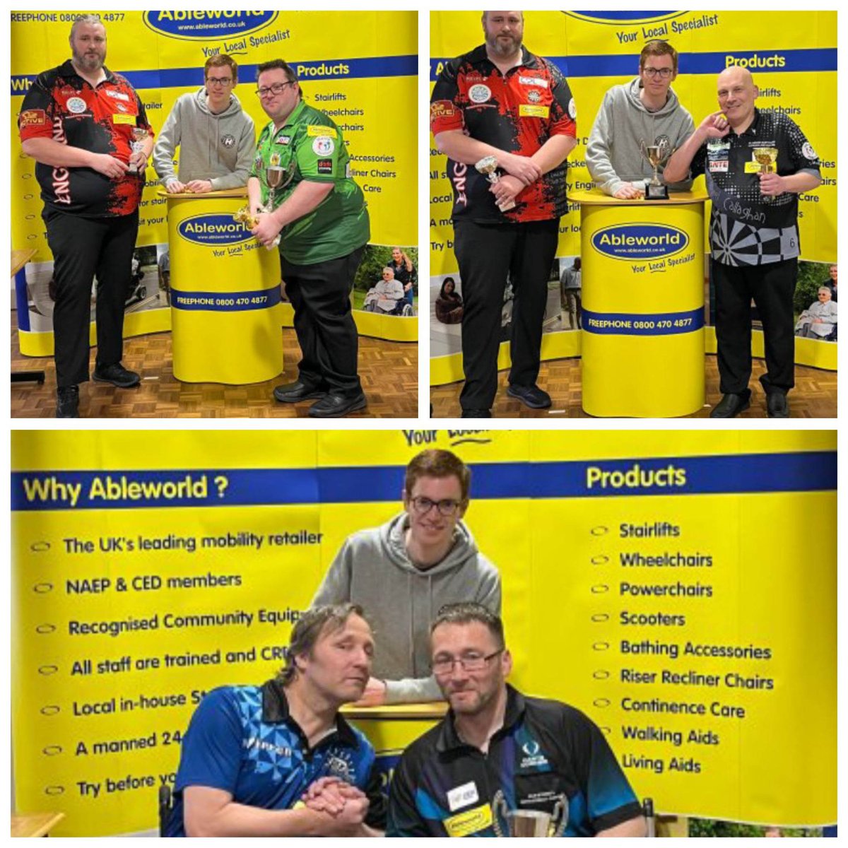 St Helens BDDA weekend 
Sunday open.
Standing.
1. Matt Doe 🏆🥇
2. Jon Hirst 🥈
Wheelchair 
1. Mark Couchman 🏆🥇
2. Darren Kennish 🥈
🎯🎯🎯🎯🎯🎯🎯🎯🎯🎯
Superb weekend thanks to everyone involved .
<a href="/Dartsshopsth/">Darts shop WA101BD</a> 
<a href="/WorldParaDarts/">Sarah Smale</a> 
<a href="/DartsWDF/">WDF Darts</a> 
<a href="/DartsStockport/">stockport disability darts & lge.</a> 
<a href="/AbleworldUK/">Ableworld UK Ltd</a>