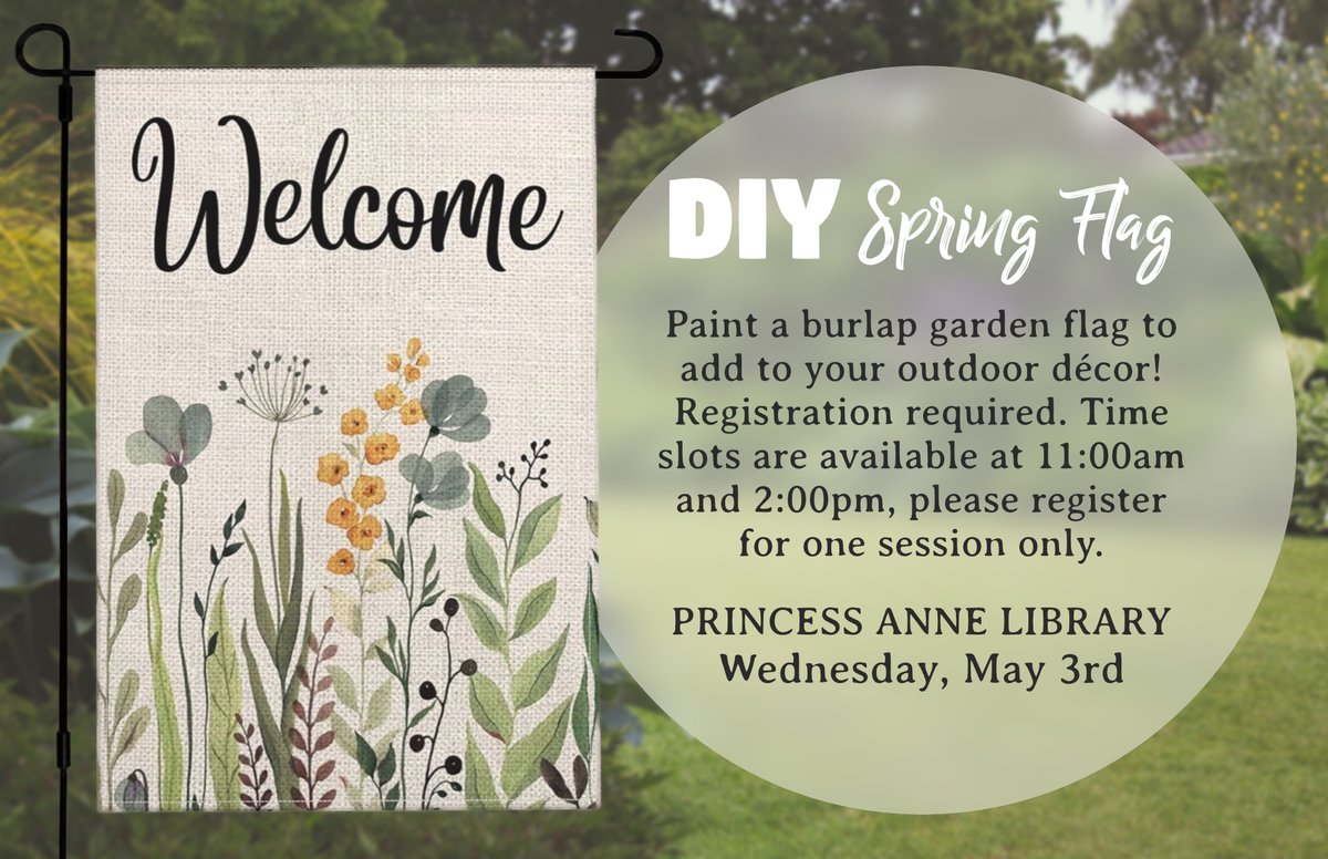 SomersetCounty1's tweet photo. Paint a burlap garden flag to add to your outdoor décor! Time slots are available at 11:00 a.m. and 2:00 p.m., please register for one session only. #newcraftday #Wednesdaycrafting #springflag #springcrafting https://t.co/EpP97fq9cY