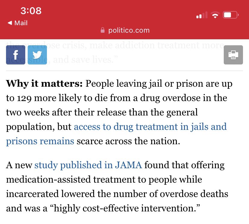 Whoa our research getting mentioned in a @politico newsletter! Hoping this brings more attention to the issue of jails/prisons needing to offer #addiction treatment #MedTwitter #Overdose #Reentry #AddictionMedicine @The_BMC @BenjaminLinas politico.com/newsletters/po…