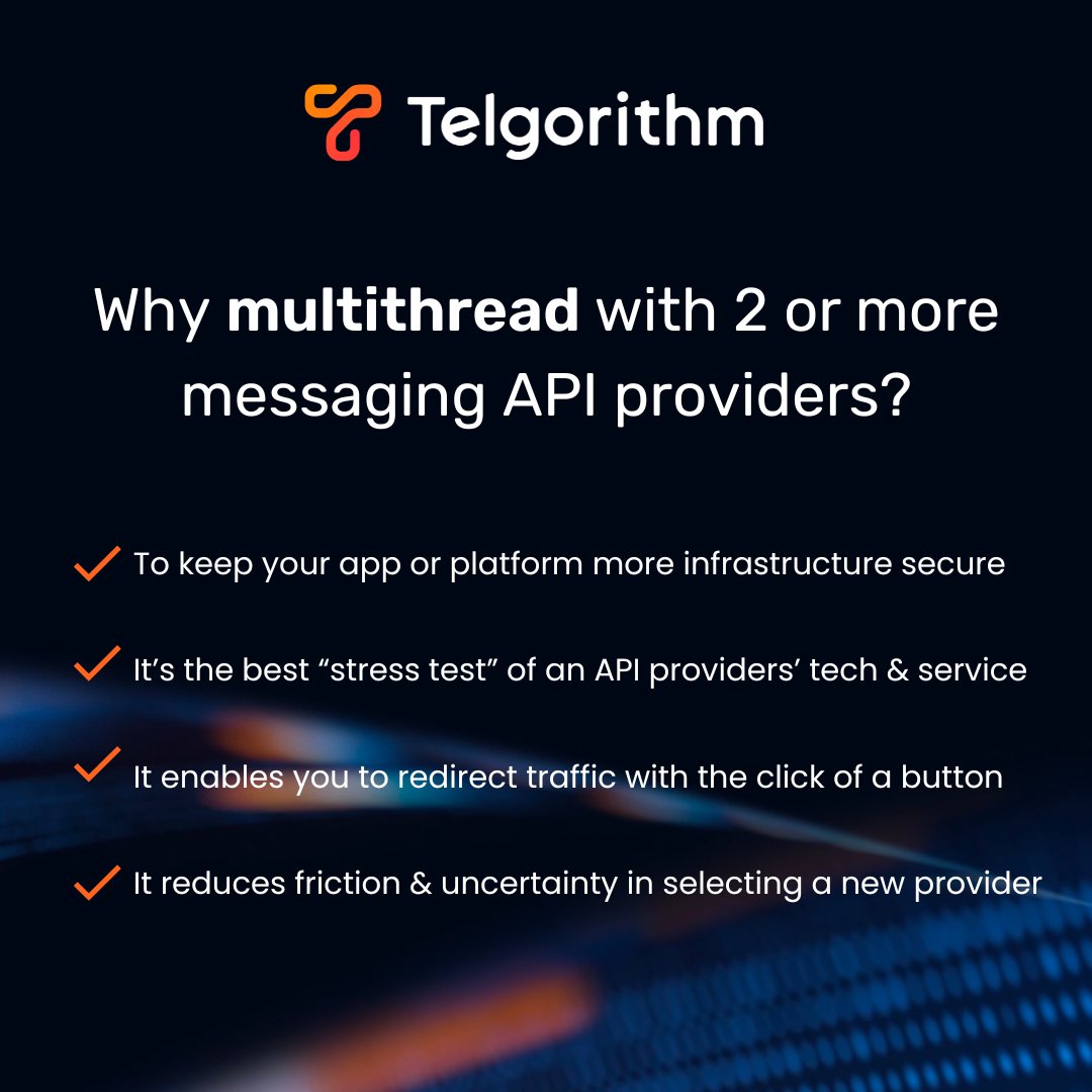 telgorithm's tweet image. We&apos;re strong believers in multithreading with 2 or more A2P text messaging API providers – here&apos;s why: telgorithm.com/news/multithre… #10dlc #smsapi #a2psms