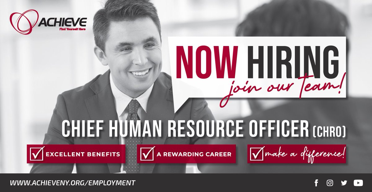 ACHIEVENY's tweet photo. Now Hiring: Chief Human Resources Officer  

The responsibilities of the CHRO are to oversee all facets of the agency’s Human Resources team, including hiring practices and onboarding.  

Learn about the position and what it means to be #ACHIEVEProud at https://t.co/v7ikTzZQV7 https://t.co/Mac0hQyhy3