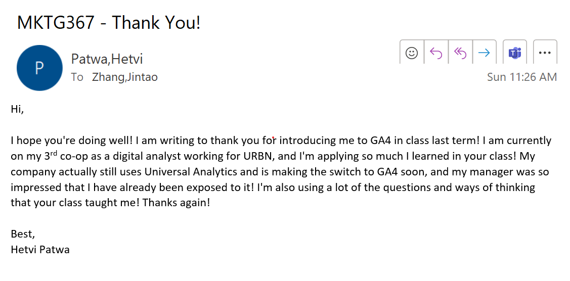 Dm27Tjz's tweet photo. It's always heart-warming when you receive emails from past students, especially when they are saying what they learned from the class aids them in career success! #Drexel #lebow #DDDM #GA4 https://t.co/atEsMQJH5f