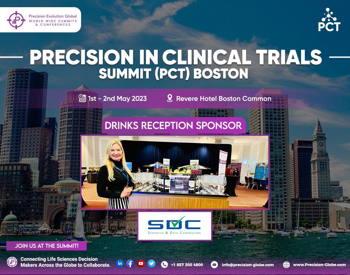 PrecisionEvolu1's tweet photo. Special Thanks to @SDCclinical for sponsoring the #DRINKSRECEPTION at the #PCTSUMMIT #PMDSUMMIT in #BOSTON on May 1st-2nd

Come connect &amp; network with #ClinicalTrial professionals!
#ClinicalTrials #AI #ML #Data #Biostats https://t.co/DGreDnRSaI