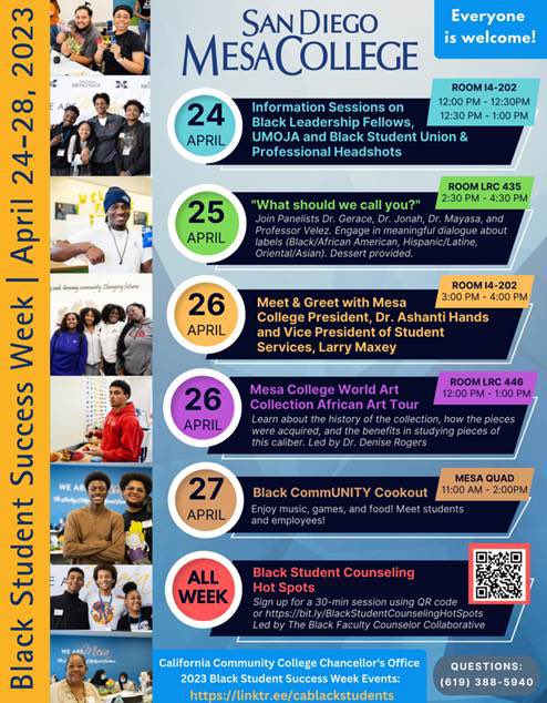 PrezHands's tweet photo. ‼️ @sdmesacollege is #allin for Black Student Success Week. Check out our calendar of events below and be sure to register for @cablackstudents statewide events at https://t.co/f2oxutXFj7 https://t.co/AnMCBViqOg