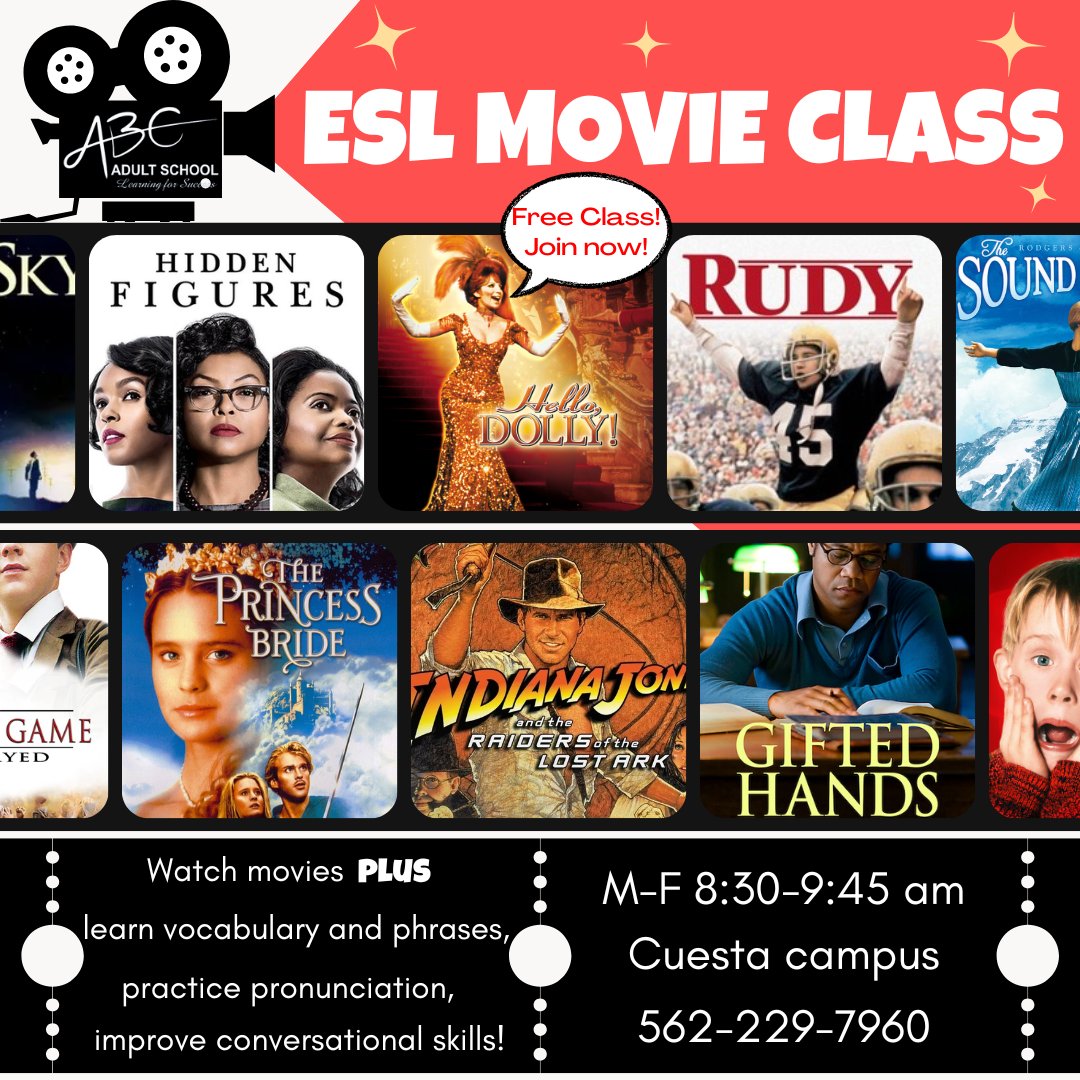 abcadultschool's tweet image. Watch movies and improve your English skills! This ESL class is FREE &amp;amp; FUN with instructor Terridawn Hernandez M-F 8:30-9:45 am at Cuesta campus. Call 562-229-7960 ext 25052 to register.
📽️
#ABCAdultSchool #ESL #ESLclass #freeclass #ESLfreeclass #abcusdstories #adultedthekeyin23