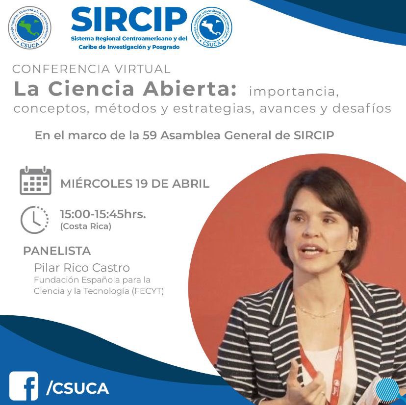 LA Referencia (@lareferenciaaa) on Twitter photo Nuestra representante del nodo España, <a href="/PilaRicoCastro/">Pilar Rico-Castro</a>, participará en la conferencia virtual La Ciencia Abierta: importancia, conceptos, métodos y estrategias,avances y desafíos.
Únase a través de la página de Facebook de Consejo Superior Universitario Centroamericano - CSUCA Nuestra representante del nodo España, <a href="/PilaRicoCastro/">Pilar Rico-Castro</a>, participará en la conferencia virtual La Ciencia Abierta: importancia, conceptos, métodos y estrategias,avances y desafíos.
Únase a través de la página de Facebook de Consejo Superior Universitario Centroamericano - CSUCA