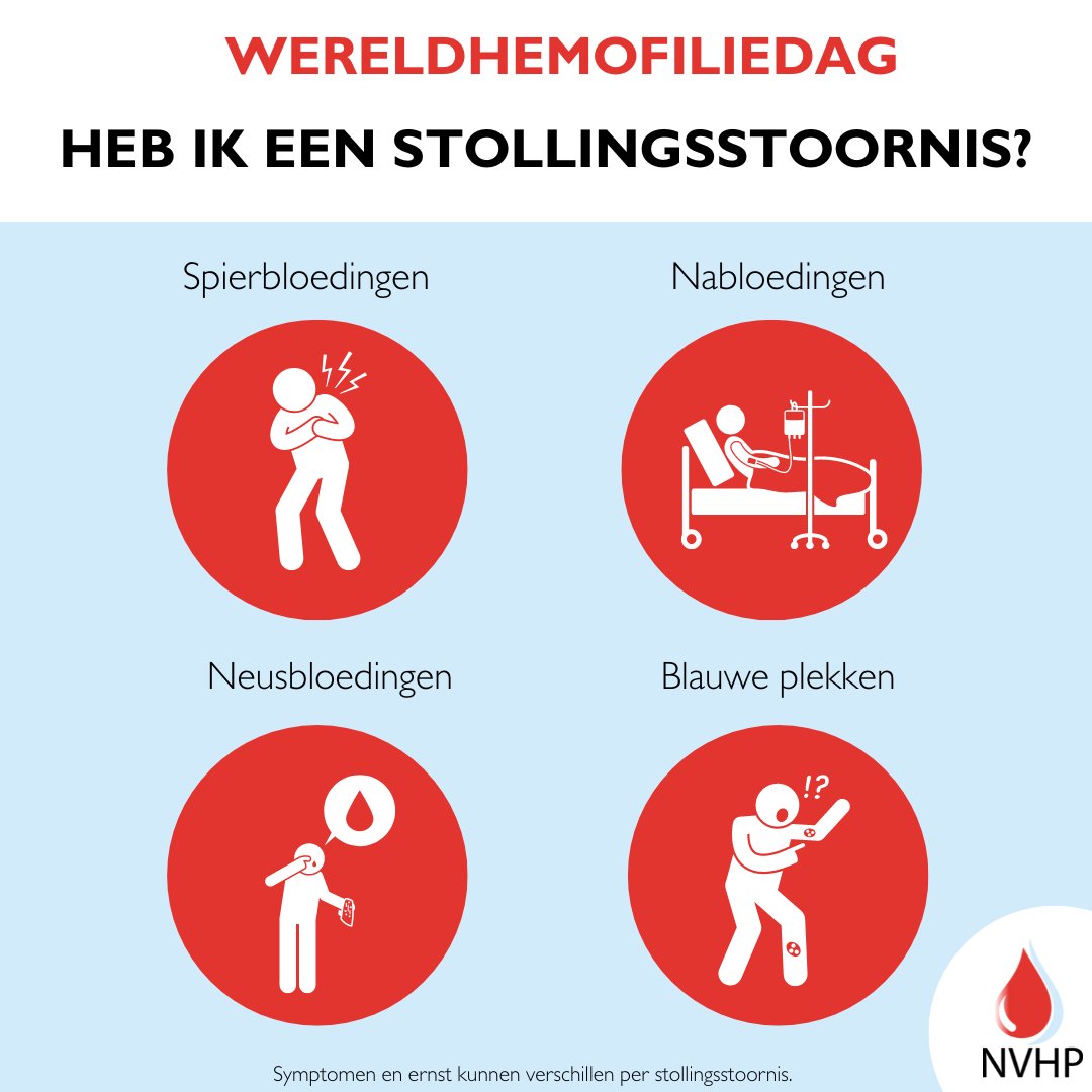 NVHP_nl's tweet photo. Op #Wereldhemofiliedag vragen we extra aandacht voor stollingsstoornissen. 

Heb jij erg veel last van (één van de) onderstaande symptomen? Dan is het goed om een bezoek aan de huisarts te brengen met je klachten. https://t.co/ICN6qIr3FN
