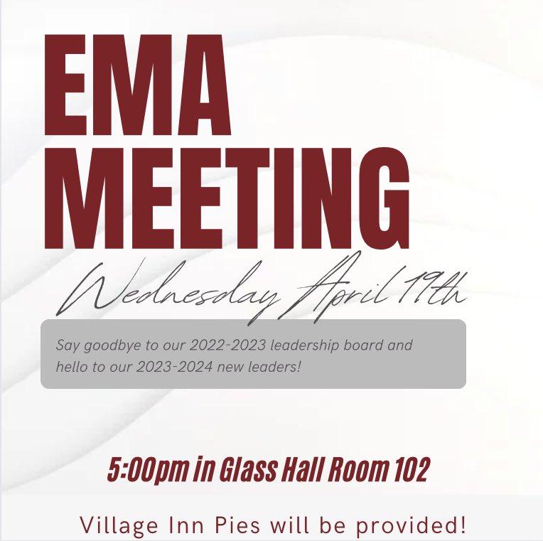 This Wednesday, April 19th will be our last meeting with our 2022-2023 leaders! 😭 the year sure has gone by fast! We will be voting in the NEW 2023-2024 leaders and want to celebrate 🎉 make sure you come to Glass hall room 102 at 5pm