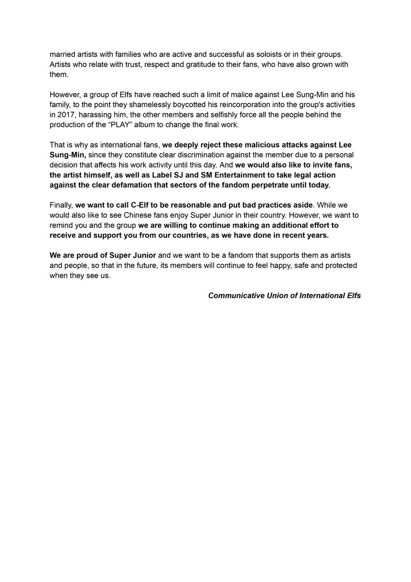 @ffeifei In response to this joint statement made by C-ELF through Weibo directed at the community and Super Junior, we respond as International ELF: #SUPERJUNIOR #슈퍼주니어