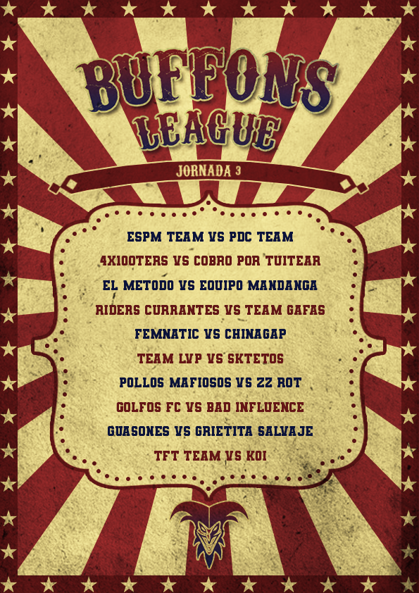 MCalvoDesign's tweet photo. Llega un poco tarde pero ya tenemos cartel con los partidos de la Jornada 3 de la @BuffonsLeague 

A lo largo de la semana iré sacando el resto de grafismos de la línea que estoy diseñando para la competición.

#BuffonsLeague @infoBuffons @BloopGG @KuentinLoL https://t.co/yMecP347Lk