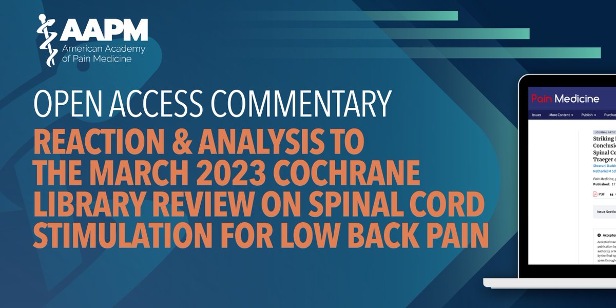 American Academy of Pain Medicine (AAPM) (@ameracadpainmed) on Twitter photo Methodological gaps in Traeger et al's Cochrane review invalidate its conclusion that spinal cord stimulation is "probably not effective" for low back pain. AAPM members respond with a commentary: <a href="/PainMedJournal/">Pain Medicine Journal</a>
Article: academic.oup.com/painmedicine/a…
Podcast: tinyurl.com/3dszhz3n Methodological gaps in Traeger et al's Cochrane review invalidate its conclusion that spinal cord stimulation is "probably not effective" for low back pain. AAPM members respond with a commentary: <a href="/PainMedJournal/">Pain Medicine Journal</a>
Article: academic.oup.com/painmedicine/a…
Podcast: tinyurl.com/3dszhz3n