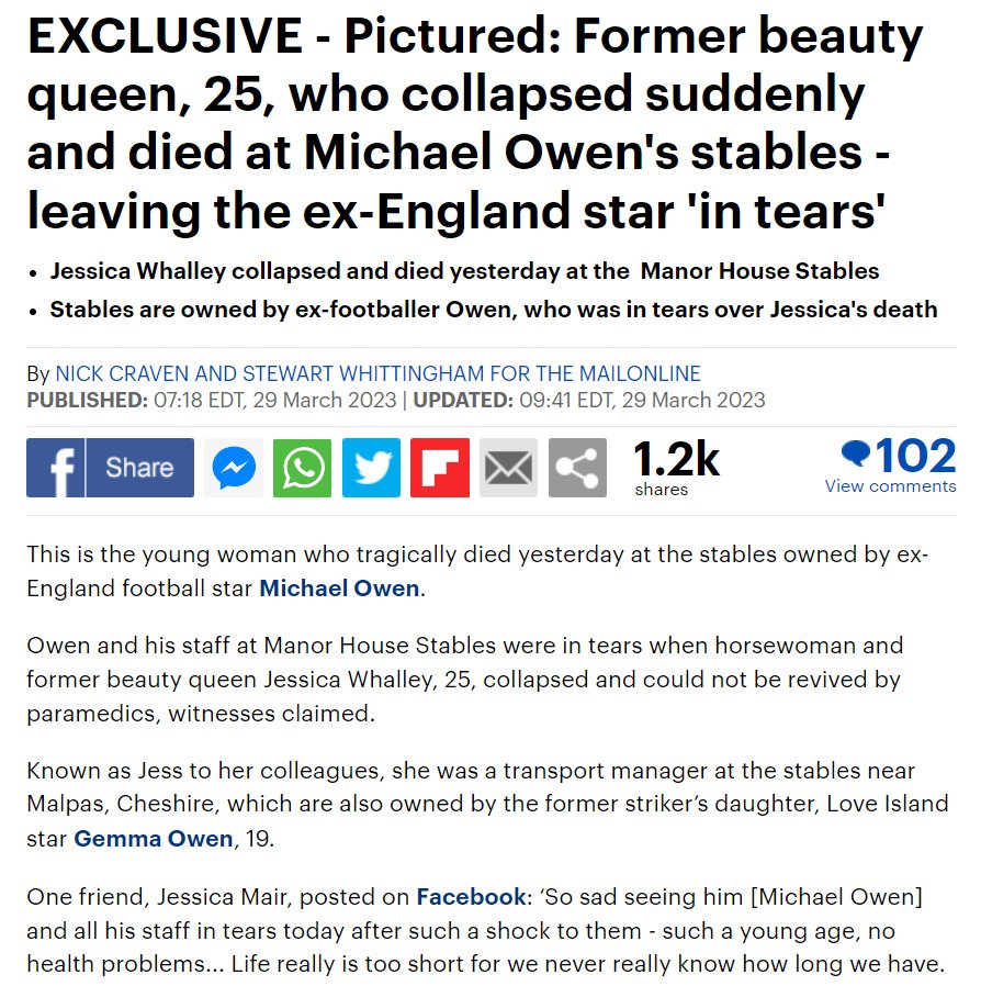 MakisMedicine's tweet image. UK - 25 year old horsewoman and former beauty queen Jessica Whalley collapsed and could not be revived at Manor House Stables on Mar.28, 2023.

These deaths simply shouldn't be happening.

All these young people had their whole lives ahead of them.

#DiedSuddenly #cdnpoli #ableg