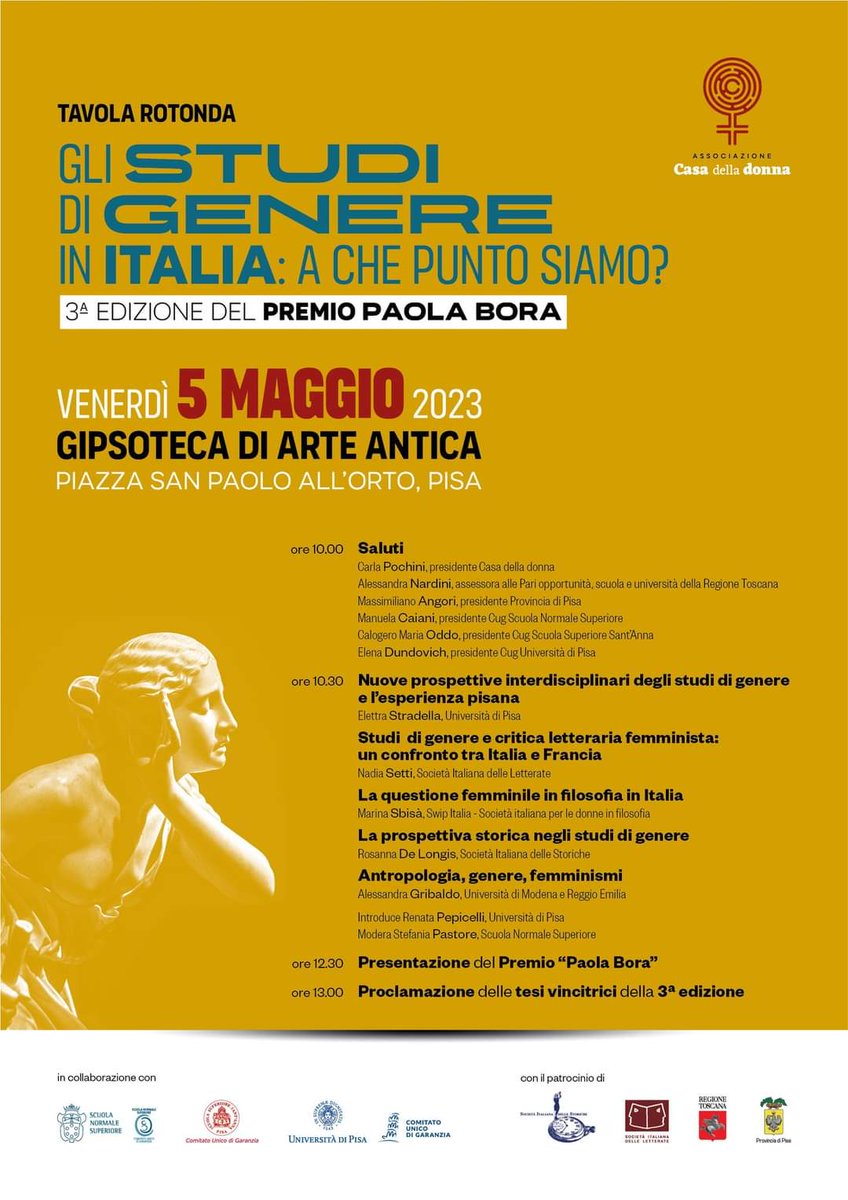 CasaDonnaPisa 👭🏠 (@casa_donna_pisa) on Twitter photo 🏆Venerdì 5 maggio a #Pisa la proclamazione delle tesi vincitrici del #PremioPaolaBora in occasione del convegno "Gli studi di genere in Italia: a che punto siamo?" con <a href="/Unipisa/">Università di Pisa</a> <a href="/SantAnnaPisa/">SantAnnaPisa</a> <a href="/scuolanormale/">Scuola Normale</a> e <a href="/SISstoriche/">Società Italiana delle Storiche</a> <a href="/socletterate/">Società Letterate</a> @SwipItalia
casadelladonnapisa.it/gli-studi-di-g… 🏆Venerdì 5 maggio a #Pisa la proclamazione delle tesi vincitrici del #PremioPaolaBora in occasione del convegno "Gli studi di genere in Italia: a che punto siamo?" con <a href="/Unipisa/">Università di Pisa</a> <a href="/SantAnnaPisa/">SantAnnaPisa</a> <a href="/scuolanormale/">Scuola Normale</a> e <a href="/SISstoriche/">Società Italiana delle Storiche</a> <a href="/socletterate/">Società Letterate</a> @SwipItalia
casadelladonnapisa.it/gli-studi-di-g…