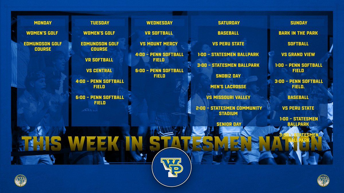 🚨This Week in Statesmen Nation!     
Monday - 🏌️‍♀️⛳️
Tuesday - 🏌️‍♀️⛳️🥎🥎 
Wednesday - 🥎🥎
Saturday - ⚾️🍧⚾️🥍🎓 
Sunday - 🥎🐶⚾️🐶🥎🐶⚾️🐶
🎟️- statesmenathletics.com/ticketing