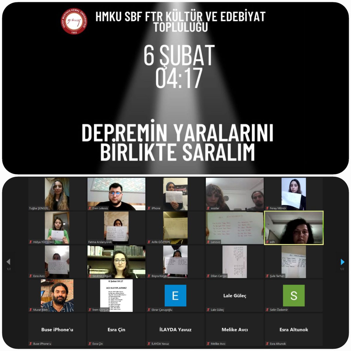 Hmkusbfftr's tweet photo. Webinarımızda kayıplarımız anıldı. Vefat eden kıymetli vatandaşlarımıza ve meslektaşlarımıza rahmet, yaralılara şifa, kalanlara sabırlar diliyoruz.

@Hmkusbfftr 
@mkuniv 
#hmku #hmkuftr https://t.co/HDpso2UMY7