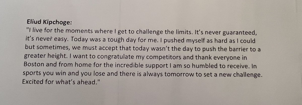 Here is Eliud Kipchoge’s statement to the media following his 6th-place finish in the 2023 Boston Marathon.