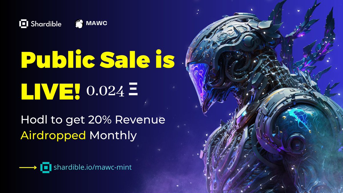 #MAWC Public Sale is Still Live! ✅

🪝Grab your #NFTS 🎟️before it gets Exhausted🔒

🦾Hold and Get 20% Revenue Airdropped Monthly🪂

Mint now: shardible.io/mawc-mint

#Airdrop #NFTCommuntiy