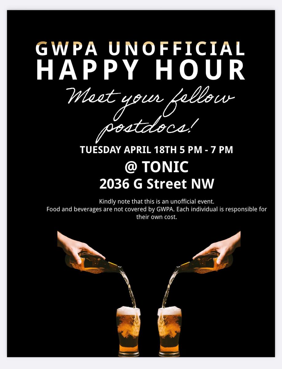 GWPostdocs's tweet image. Dear Postdocs,
Please join us for two upcoming social events this month:
1) Unofficial GWPA Postdoc Happy Hour - TOMORROW 4/18 @ Tonic from 5PM - 7PM
2) GWPA Postdoc April Social - next Thursday, 4/27 @ SEH (Green Wall, Basement Level) from 10AM - 11AM.