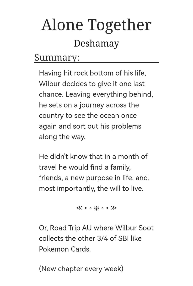 deshamay's tweet photo. Alone Together 

🧭Chapter 3/13
🧭7.1k Words
🧭Road Trip AU
🧭Strangers to Friends to Family
🧭Self-Discovery

RTs are appreciated!
Link is in the replies ↴ 

#tommyinnitfanart #wilbursootfanart #sbifanart https://t.co/iOOWa28J8F