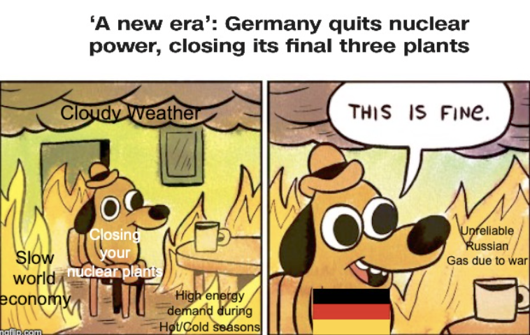 DavisCollegeRep's tweet photo. After a brief pause, we are back with another #MemeMonday! Today, we take a look at the verrry smart decisions Germany has made in the name of "environmental justice" https://t.co/HvgIlHeRMX