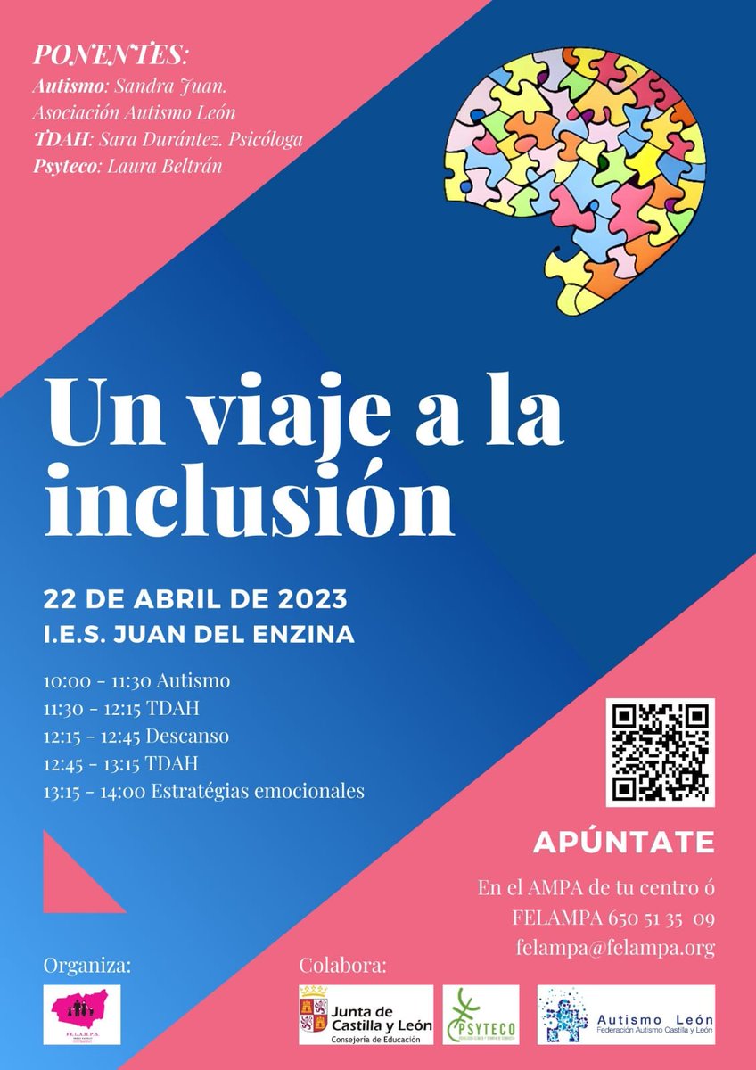 Jornada organizada por nuestra federación para las familias socias de las AMPAS donde abordaremos los temas sobre autismo y TDAH.
La fecha límite de inscripción es el jueves 20 de abril.

#tdahinfantil #tdah #leon #educacion #confapacal #psyteco