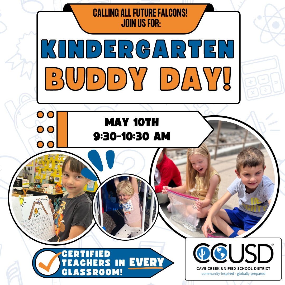 If your child is registered for Kindergarten for the '23-'24 school year, we want to see them for Kindergarten Buddy Day! Wed. 5/10 from 9:30-10:30 am your child will experience the classroom w/ current students! Your child MUST be registered to attend this event.