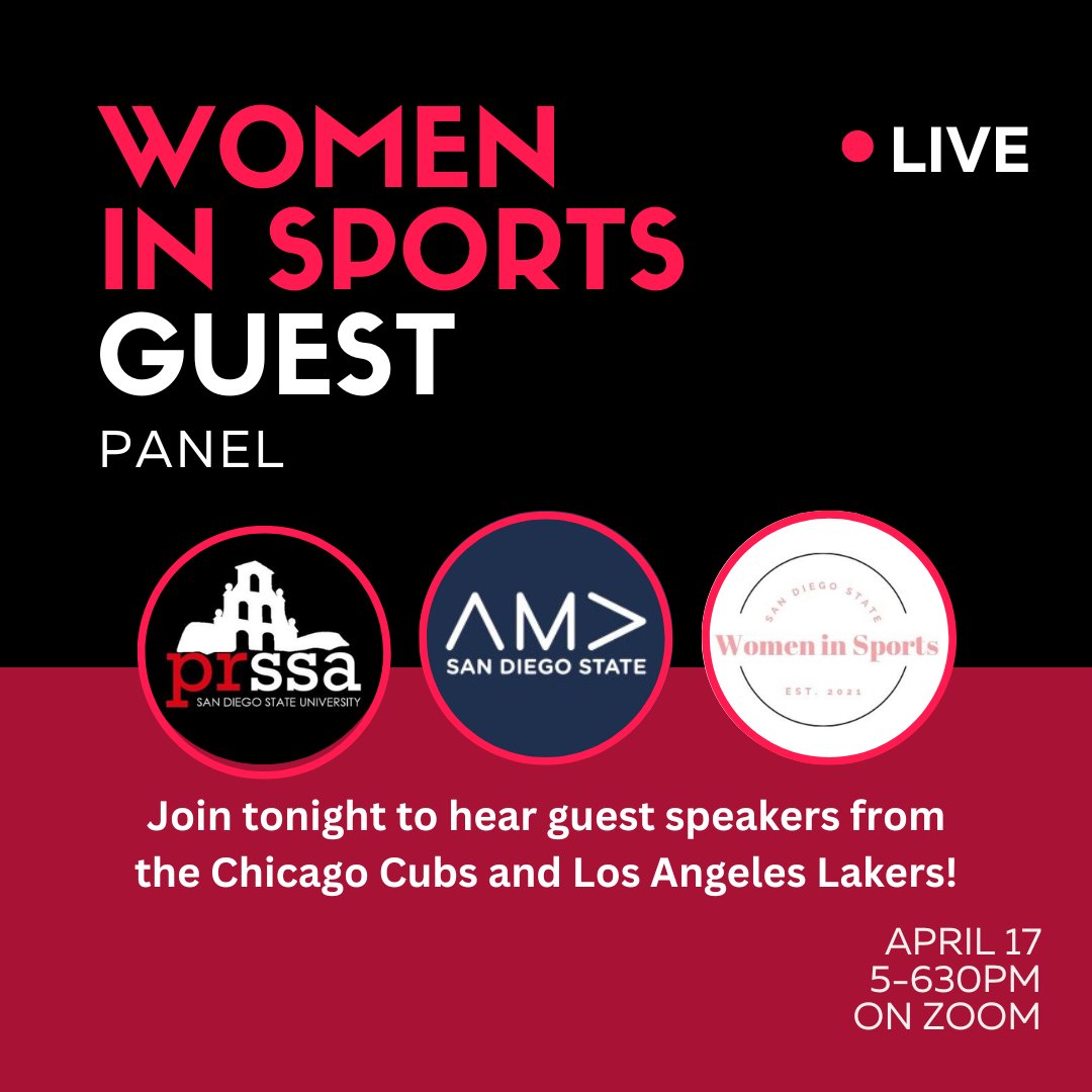 Join us on Zoom TONIGHT from 5-6:30pm to hear from guest speakers from the Chicag Cubs and Los Angeles Lakers!

The speakers will be annouced on Instagram at prssasdsu and the zoom information will be posted on our story!