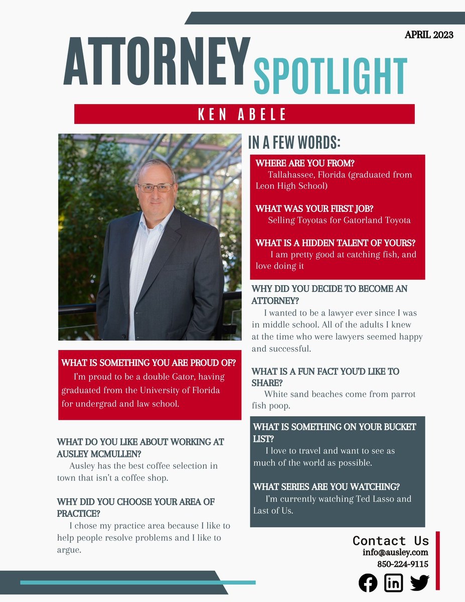 We are pleased to spotlight Shareholder Ken Abele. Ken Abele is a seasoned litigator. Read his full bio here:
ausley.com/attorneys/ken-…

#floridalawyers #tallahassee #litigationattorney