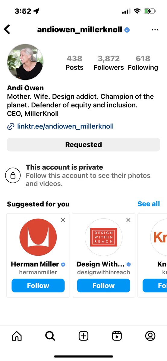 lynngotts's tweet photo. When your CEO uses company branding in her user name, but goes private when the going gets tough… ⁦@millerknoll⁩ ⁦@HermanMiller⁩ #AndiOwen https://t.co/y0AId583e0