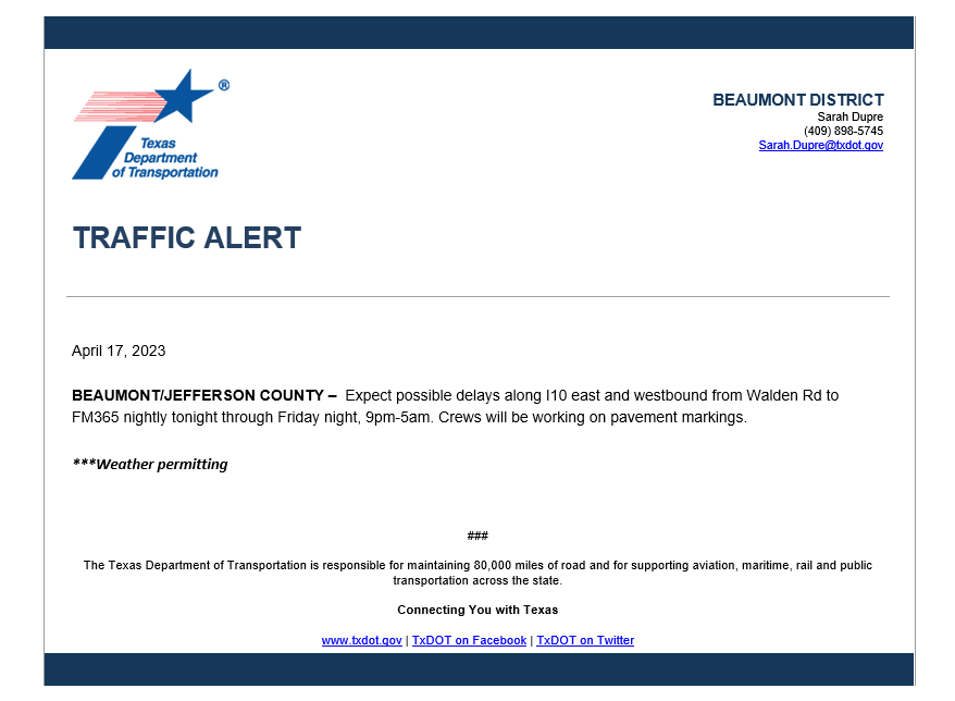 Expect possible delays along I10 east and westbound from Walden Rd to FM365 nightly tonight through Friday night, 9pm-5am. Crews will be working on pavement markings, according to @TxDOTBeaumont
#TXDot #BMT